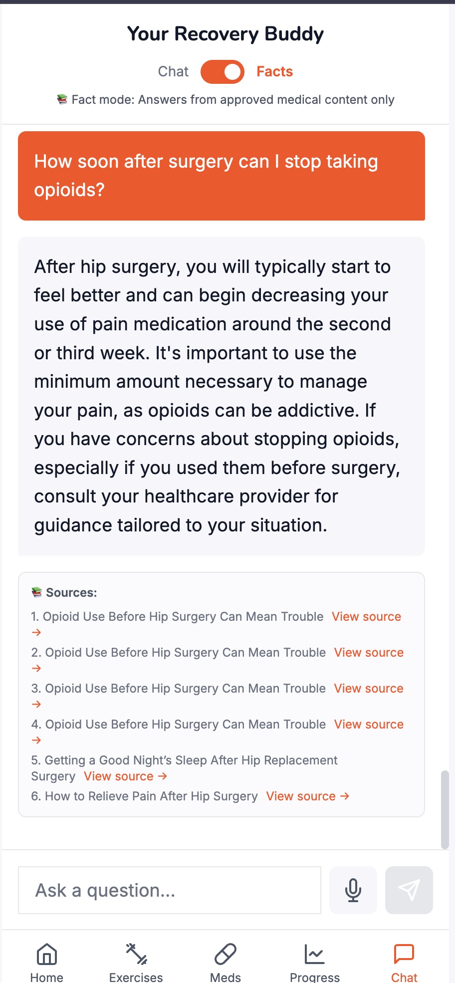JointEffort Facts Mode showing verified medical answer about joint replacement recovery with cited sources from orthopedic literature